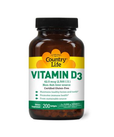 Country Life Vitamin D3 62.5 mcg (2500 I.U.) 200 Softgels - Buy Online on GoSupps.com