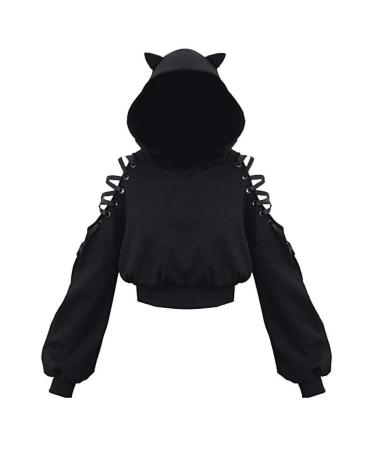 Cat Hoodie for Women Black Sweatshirt Criss Cross Long Sleeve Hooded Pullover Cute Crop Tops S-5XL Black XX-Large