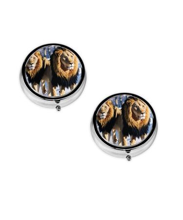 Lions in The Snow Printed Mini Round Pill Box Pill Box 3 Compartment Medicine Pill Case Pill Organizer Travel Pillbox Portable Pill Box for Pocket Home Office Use
