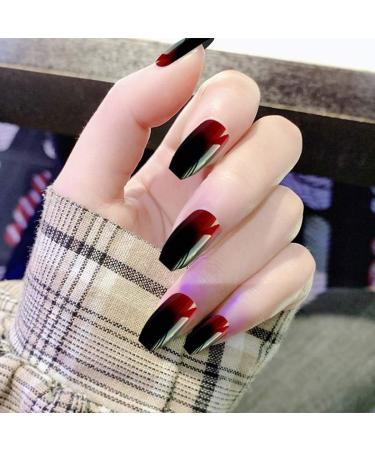 Funyrich Coffin Press on Nails - Black Long Full Cover Fake Nails | Glossy Ombre Gradient Design | Artificial False Nail for Women and Girls (24Pcs) - Buy Online on GoSupps.com