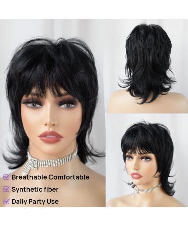 StrRid Short Black Shaggy Layered Mullet Wig with Bangs - Curly Synthetic Hair Replacement for Women - Perfect for Daily Wear, Parties, and Cosplay - Black - Buy Online on GoSupps.com