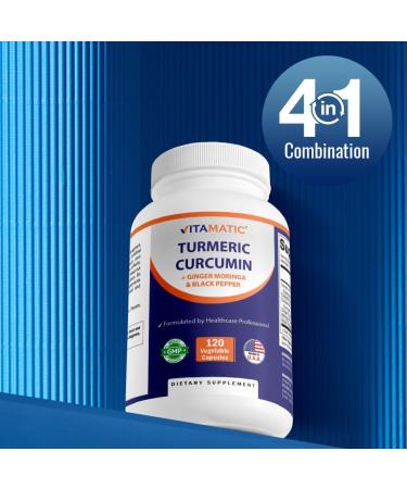 Vitamatic Turmeric Curcumin Supplement (10:1 Equivalent 3000 mg Per Serving, Made with 95% Curcuminoids, Black Pepper, Ginger, Moringa) 120 Vegetable Capsules, Non-GMO, Gluten Free (120 Capsules) - Buy Online on GoSupps.com