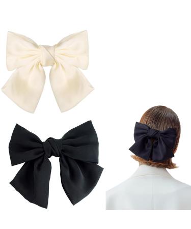 BAIYSFFG 2PCS Bow Hair Clip Hair Bows for Women Big Bowknot Hairpin French Hair Clips with Ribbon Solid Color Hair Barrette Clips Soft Satin Silky Hair Bows for Women Girls (Black Light Purple)