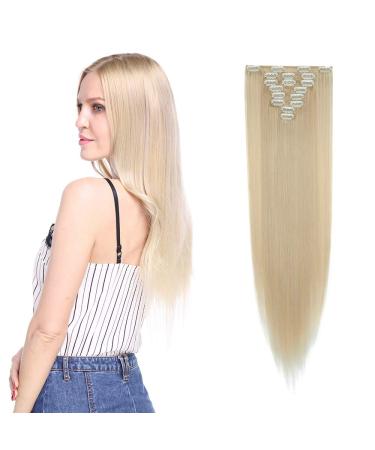 Silk-co 26inch Clip in Hair Extension 8 Pcs For full Head Set Clip In Hair Extensions Hairpiece Straight Heat-Resisting Bleach Blond Mixed 26 Inch Straight #Bleach Blond Mixed