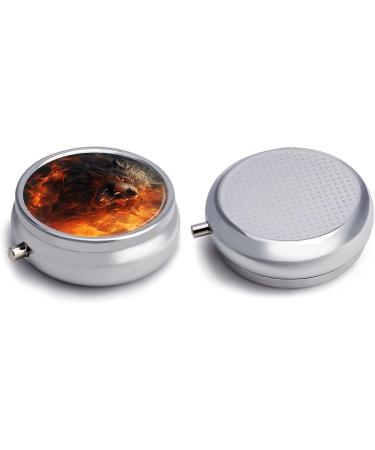 Round Pill Box - Wild Wolf in Fire Print | 3 Compartment Metal Pill Organizer | Decorative Portable Pocket Case - Buy Online on GoSupps.com
