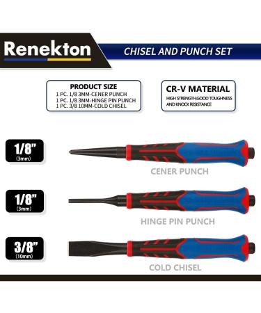 Renekton 3-Piece Punch and Chisel Set | 1/8 Center Punch, Hinge Pin Punch, Cold Chisel | Metal Striking Hammer Cap | Cr-v Steel - Buy Online on GoSupps.com