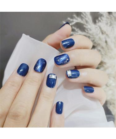 Press on Nails Short Fake Nails 24Pcs Shiny Blue False fingernail with Self-Adhesive Jelly Nail Glue Tabs Press On False Nails