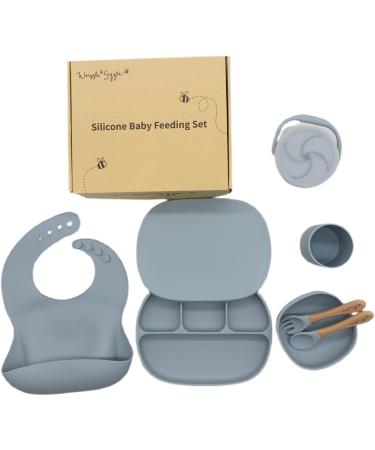 Baby Weaning Set | Toddler Feeding Kit with Silicone and Wood | Plate, Cup, Bowl, Spoon, Fork, Snack Cup Lid | Dusty Blue - Buy Online on GoSupps.com