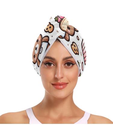 Cute Teddy Bear Sticker in Bakery Concept Background Hair Towel 2 Pack Super Absorbent Hair Drying Towel Quick Dry Hair Turbans Head Towel with Button Twisty Wrap for Women Girls