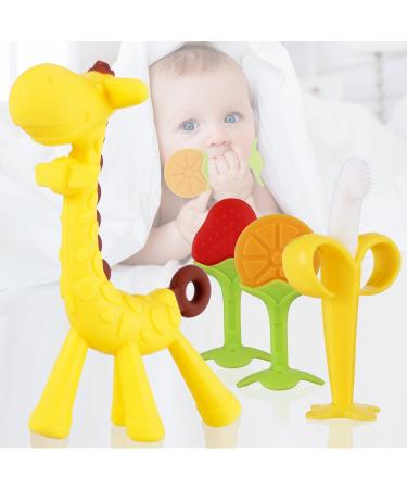 Baby Teething Toys for Newborn (4-Pack) Baby Chew Toys Teething Freezer Set Soothing Baby Toddler Silicone Banana Toothbrushes Fruit Giraffe Teethers Soothe Babies with Storage Case Set
