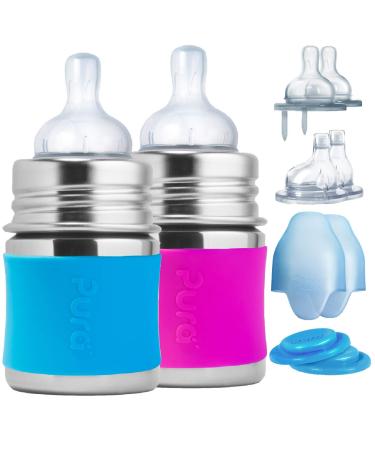 Pura Kiki Newborn Baby Bottle Gift Set - BPA-Free  Stainless Steel  Anti-Colic  Silicone Starter Feeding for Breastmilk & Formula - Aqua & Pink  0-18 Months 5 oz/150 ml S Aqua & Pink