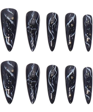 JUSTOTRY Glitter Stiletto Fake Nails - 24 Pcs Long Black French Press on Nails with Beautiful Swirl Almond Patterns - Extra Long False Nails with Glue for Women's Nail Art - Buy Online on GoSupps.com