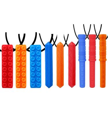 Sensory Chew Necklace by GNAWRISHING 9-Pack(3-Pack Blocks 3-Pack Cylinder and 3-Pack Rhombus Blocks) - Perfect for Autistic, ADHD, SPD, Occral Motor Boys and Girls (Tough, Long-Lasting)