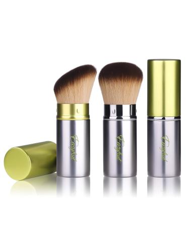 Retractable Kabuki Makeup Brushes 2 Pcs Foundation Blush Brushes Set Portable Powder Brushes with Flat and Angled Top for Liquid Cream Cosmetics Travel. (Silver Green)