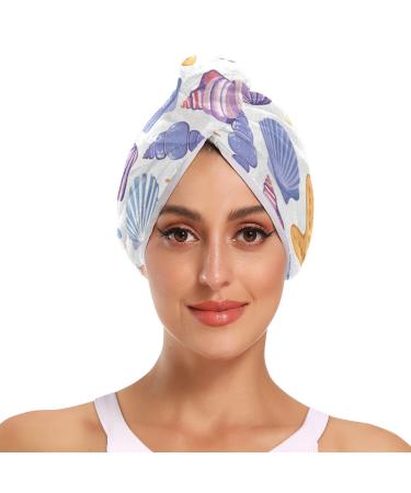 Colorful Shells Hair Towel 2 Pack Super Absorbent Hair Drying Towel Quick Dry Hair Turbans Head Towel with Button Twisty Wrap for Women Girls