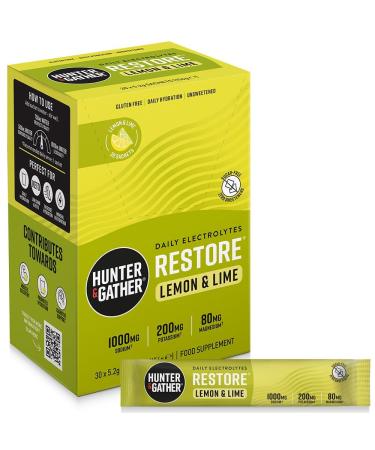 Hunter & Gather Restore Electrolytes Lot de 30 sachets de poudre I Citron et citron vert | Sans sucre I Hydration 100 % naturelle I Rapport min ral optimal I avec sel rose de l'Himalaya I C to I