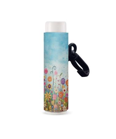 Pseasysky Flower Print Chapstick Holder Keychain Wristlet Elastic Lipstick Key Chain Holder Storage Organizer Chapstick Holder for Women Girl