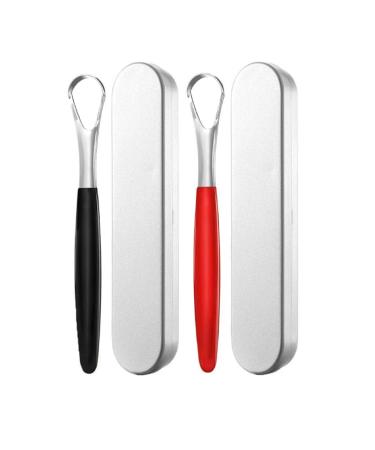 Oral Basics Tongue Scraper Stainless Steel Metal Swish Cleaner for Adults and Kids with Stainless Steel Travel Case- 2 Pack (1 Black & 1 Red)