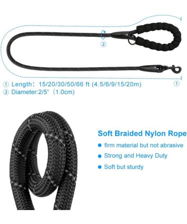 Plutus Pet Long Rope Dog Lead - 9m Reflective Nylon Training Lead for Small Medium Large Dogs - Heavy Duty, Comfortable Padded Handle - Black - Buy Online on GoSupps.com