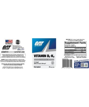 GAT SPORT Vitamin D3 K2 5000 IU (125 mcg) Vitamin D 60 Day Supply Dietary Supplement for Bone Teeth Muscle and Immune Health Support 60 Veggie Caps - Buy Online on GoSupps.com