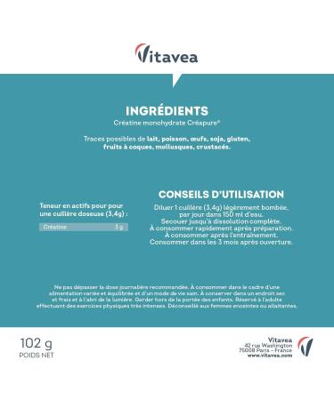 Cr atine Monohydrate Creapure 3000mg - Poudre 100% Pure Go t Neutre Vegan - Force Musculaire Performances Musculation - 30 Jours - 100 g - Fabriqu en France - Vitavea - Buy Online on GoSupps.com