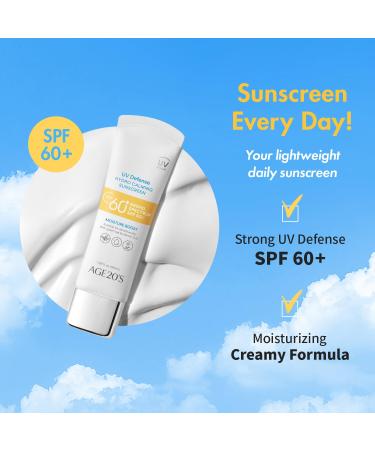 AGE20'S UV Defense Hydro Calming Sunscreen SPF 60+ | Korean Sunscreen | Moisturizing Creamy Formula No White Cast Lightweight Finish | Green Tea + Aloe Vera | Dermatest Excellent | 1.69 fl.oz*1 1.69 Fl Oz (Pack of 1) - Buy Online on GoSupps.com