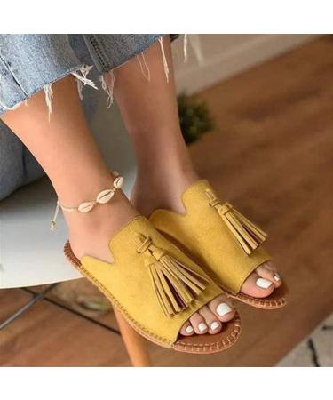 Creev sandals women flat sole tassel lipper summer beach front slip-on sandals bohemia fashionable casual open toe area slip-resistant flip-flop 01.36 (3 38 EU) 2 42 EU