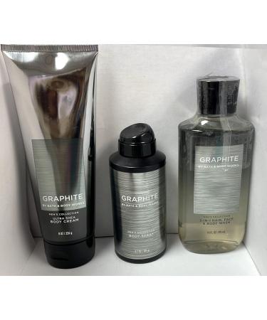 BATH AND BODY WORKS  GIFT SET GRAPHITE FOR MEN   BODY WASH   BODY CREAM AND DEODORIZING BODY SPRAY- FULL SIZE