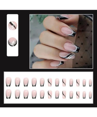 Black French Tip Press on Nails with Silver Glitter Line Design - 24Pcs Medium Length Square Fake Nails - Glossy Coffin Full Cover Nail Tips for Women - Buy Online on GoSupps.com