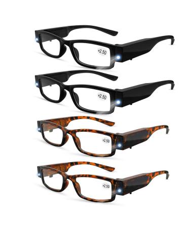 4 Pcs Reading Glasses with Light Bright LED Readers with Lights Reading Glasses Lighted Magnifier Nighttime Reader Compact Full Frame Eyewear Clear Vision Unisex Clear Vision Lighted (+250)