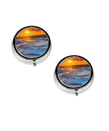 (Beach with Sunset) Round Pill Box 3 Compartment Pill Box Mini Decorative Pocket Purse Portable Travel Medicine Tablet Vitamin Holder Organizer Pill Case