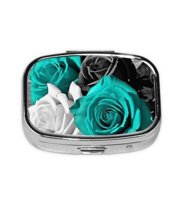 Black White Teal Gray Rose Flowers Printed Square Pill Box Portable Travelling Pill Box Medicine Organiser