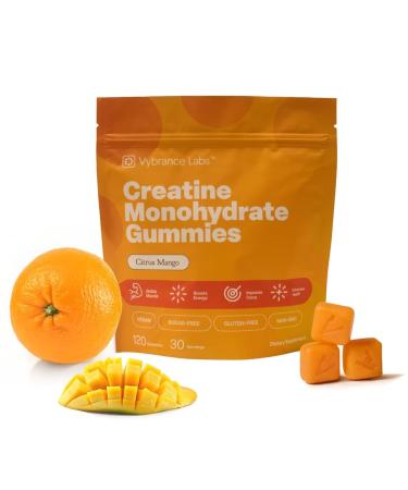 VYBRANCE LABS Creapure Creatine Gummies 5g + Taurine & B12 - Sugar-Free Vegan Gluten-Free - Citrus Mango - 120 Count (30 Servings) for Strength Energy & Focus