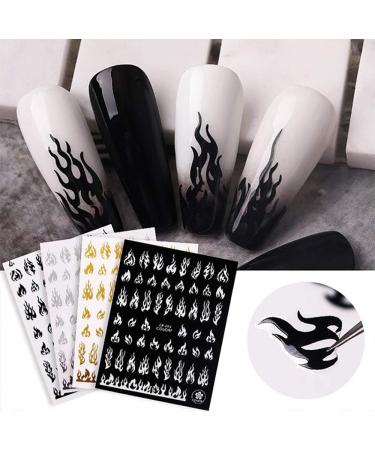 Flame Nail Stickers - 4 Sheets 3D Holographic Fire Decals for Nail Art - White Black Silver Gold Reflections - Vinyl Stencils for Decoration - Buy Online on GoSupps.com