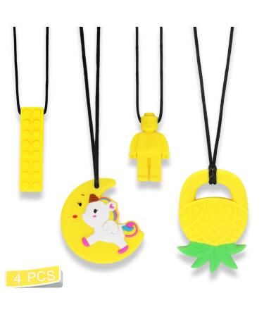 Sensory Chew Necklace for Autism Teething Anxiety Biting Needs Sore Gums Pain Relief ADHD Silicone Chewy Teether Oral Motor Chewing Pendant Toys with Adjustable Buckle for Kids Boys Yellow