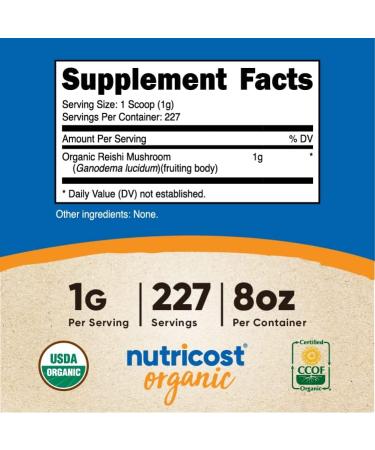 Nutricost Organic Reishi Mushroom Powder 0.5LB (8oz) - USDA Certified, 100% Organic, Vegetarian, Non-GMO, Gluten-Free - Buy Online on GoSupps.com