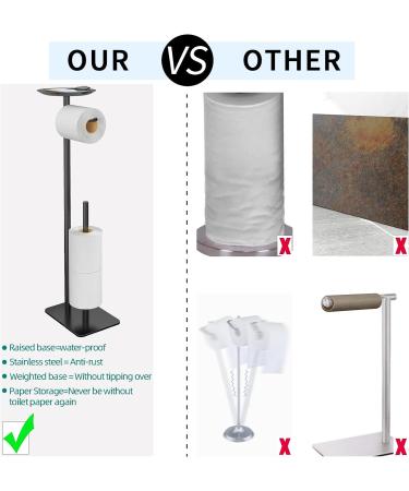 FEILERN Black Toilet Paper Holder Stand with Top Shelf - Floor Standing Dispenser for Bathroom with 4 Reserve Rolls - Stainless Steel - Buy Online on GoSupps.com