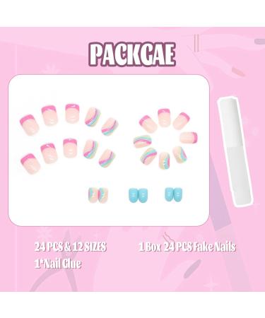 Yoolly 24pcs Short Square False French Tip False Nails Stick on Nails Glitter Press on Nails Removable Glue - on Fake Nails Acrylic Full Cover Nails Women Girls Nail Art Accessories (Rainbow Ripple) - Buy Online on GoSupps.com