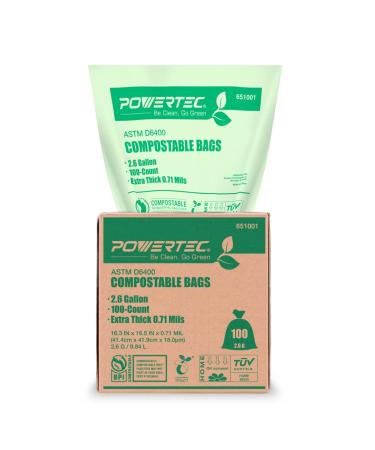 POWERTEC ASTM D6400 Certified Compostable Bags  100 Count | 9.84 Liter - 2.6 Gallon Trash Bags, 0.71 Mil, US BPI and European OK Compost Home Certification - Sustainable Green Products 100 Count (Pack of 1)