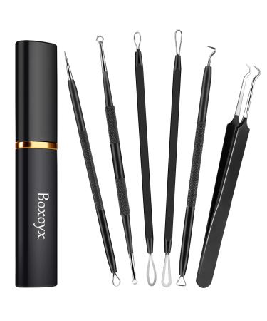 Boxoyx Pimple Popper Tool Kit - 6Pcs Blackhead Remover Comedone Extractor Tool Kit with Metal Case for Quick and Easy Removal of Pimples Blackheads Zit Removing Forehead Facial and Nose (Black) Black-6 Piece Set