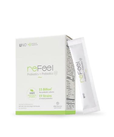 UNID reFeel 2.0 Daily Probiotic Supplement - 15 Billion CFU Lightly Sweet Yogurt Flavor Prebiotics Included for Optimal Gut Flora Balance Nutrient Absorption & Overall Wellness (19 Strain Blend)