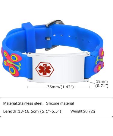 Customized Kids Safety ID Wristband | Personalized Medical Alert Bracelet for Boys & Girls | Outdoor Anti-Lost Bracelet with Cartoon Pattern | Blue Silver Butterfly Design - Buy Online on GoSupps.com