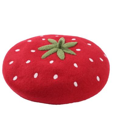Zasy Casual Wool Beret Hat Classic French Artist Beanies Handmade Cap for Women Strawberry