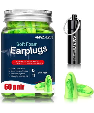 Ear Plugs AMAZKER Bell-Shaped 60 Pairs Ultra Soft Earplugs SNR-35dB Perfect for Sleeping Snoring Working Study Travel with Aluminum Carry Case No Cords Noise Reduction Bright Green