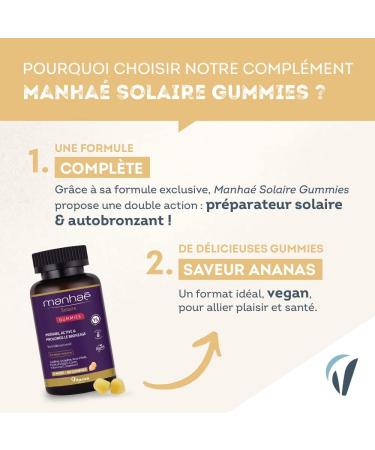 Manha - Solaire Gummies - Self-Tanning - Nutritional Supplement - Prepares Activates and Prolongs the Tan - Tan Skin Tone Without Sun - Evening Primrose Lutein Lycopene - 60 Gummies - 2 Months - - Buy Online on GoSupps.com