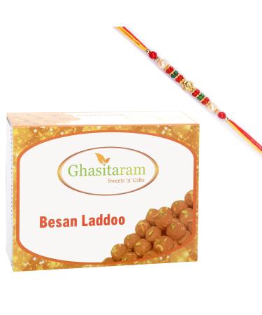 Ghasitaram Gifts Rakhi Gifts for Brothers Rakhi Sweets - Ghasitaram's Special Besan Laddoo (200 GMS) with Beads Rakhi