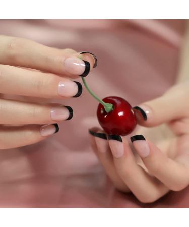 Black Lace French Tip Artificial Nails - 24 Medium-Short Reusable Gel Acrylic Manicure for DIY Style - Buy Online on GoSupps.com