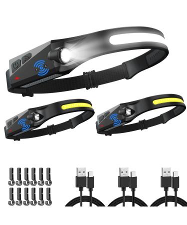 Headlamp Rechargeable 3Pack LED Headlamp Flashlight with Motion Sensor 230 COB Wide Beam Head Lamp 5Mode Head Lights for Forehead Waterproof Bright Headlamps for Adults Hardhat Running Camping