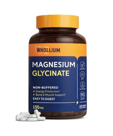 Whollium Magnesium Glycinate Optimal Absorption Magnesium Supplements Fully Chelated Gentle on The Stomach High Bioavailability 150 mg Elemental Magnesium Muscle Brain Heart Health 90 Tabs