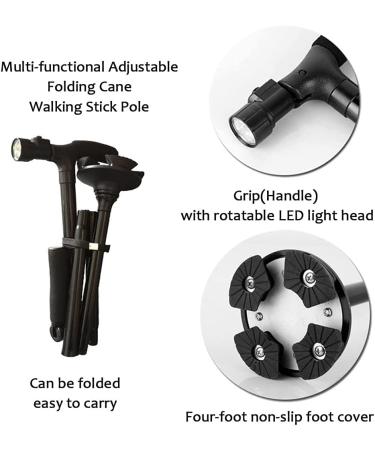 Folding Walking Cane with LED Light Anti-Slip Pivoting Quad Base Height Adjustable Walking Stick for Man/Woman Surprise Gift - Buy Online on GoSupps.com